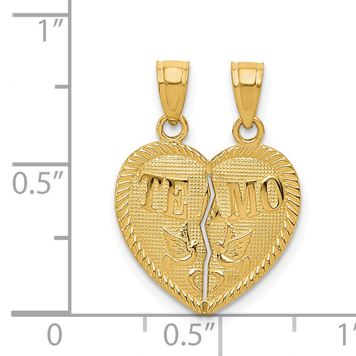 Break Apart Te Amo I Love You Words Heart With Love Birds Charm Pendant in Real 14k Yellow Gold