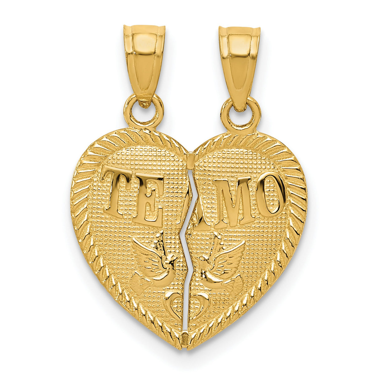 Break Apart Te Amo I Love You Words Heart With Love Birds Charm Pendant in Real 14k Yellow Gold