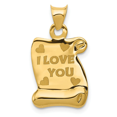 14k Yellow Gold Scroll Pendant with I Love You and Heart Design