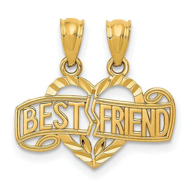 Diamond-Cut Break Apart Best Friend Words Heart Charm Pendant in Real 14k Yellow Gold