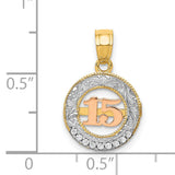 14k Two-Tone Gold Quinceañera Pendant with Cubic Zirconia and Rose Gold Number 15 Scrollwork