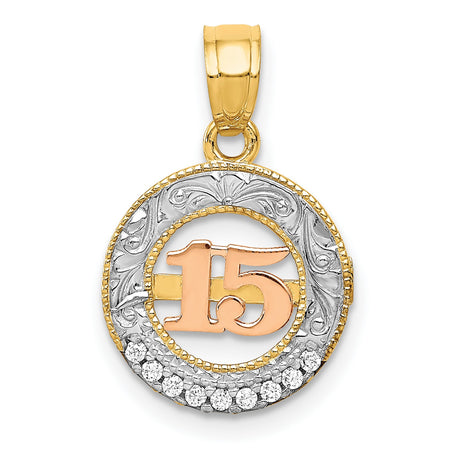 14k Two-Tone Gold Quinceañera Pendant with Cubic Zirconia and Rose Gold Number 15 Scrollwork
