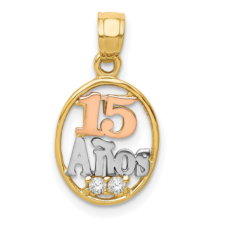 CZ Number 15 Anos Word Oval Charm Pendant in Real 14k Multi-Tone Gold