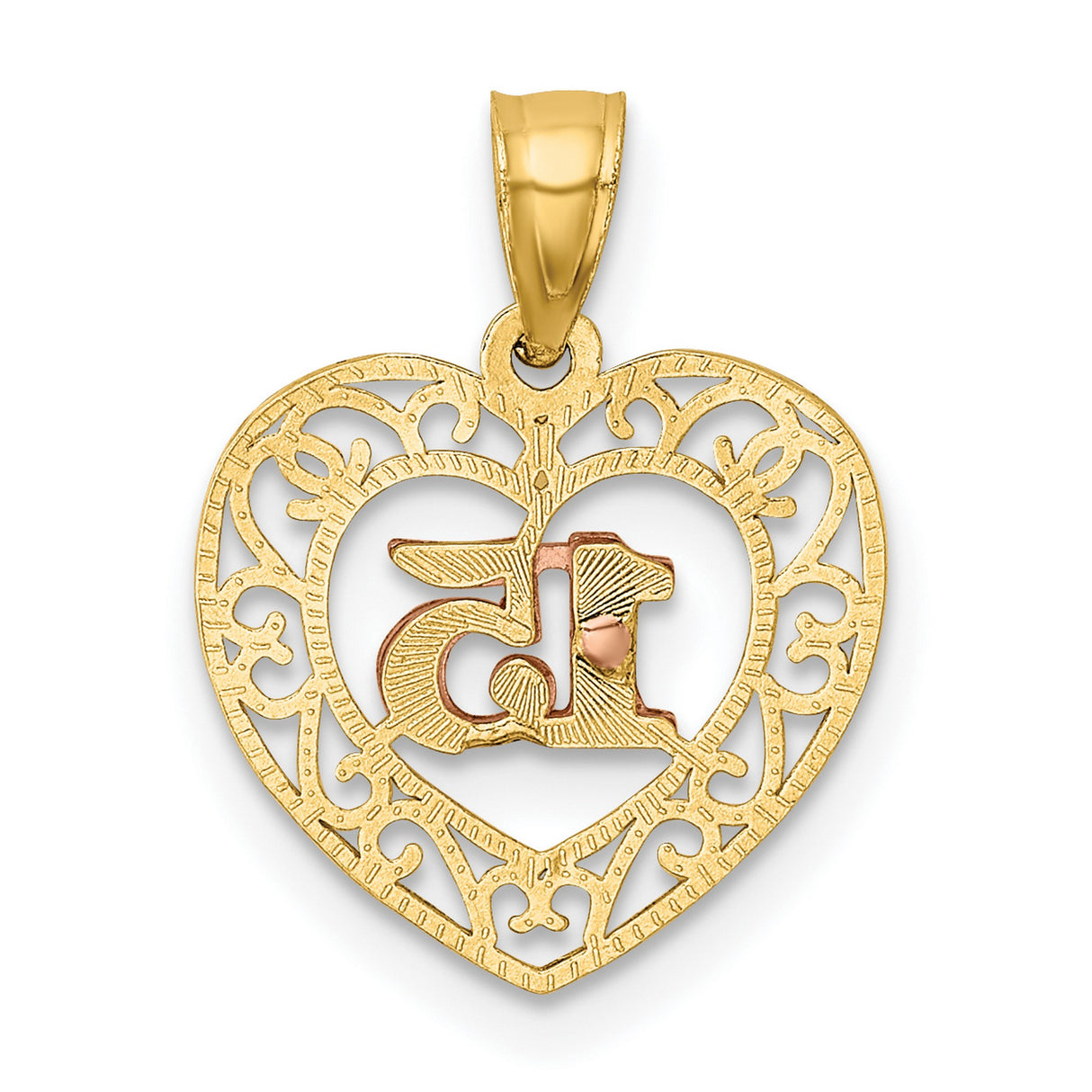 14k Two-Tone Gold Quinceañera Pendant with Rose Gold Number 15 and Filigree Heart