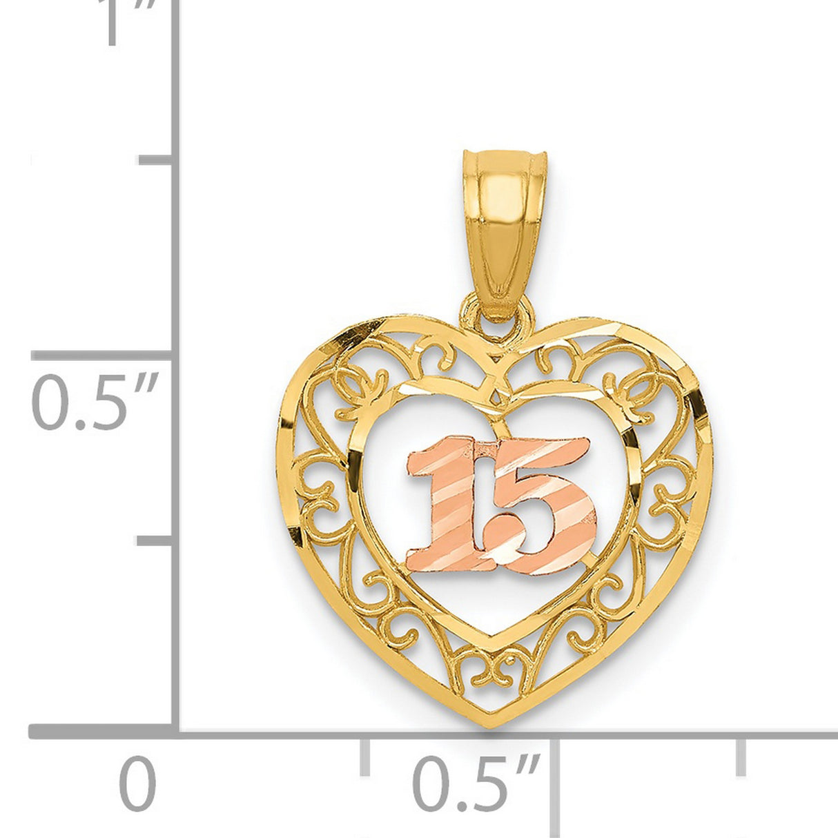 14k Two-Tone Gold Quinceañera Pendant with Rose Gold Number 15 and Filigree Heart