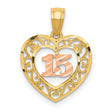 14k Two-Tone Gold Quinceañera Pendant with Rose Gold Number 15 and Filigree Heart