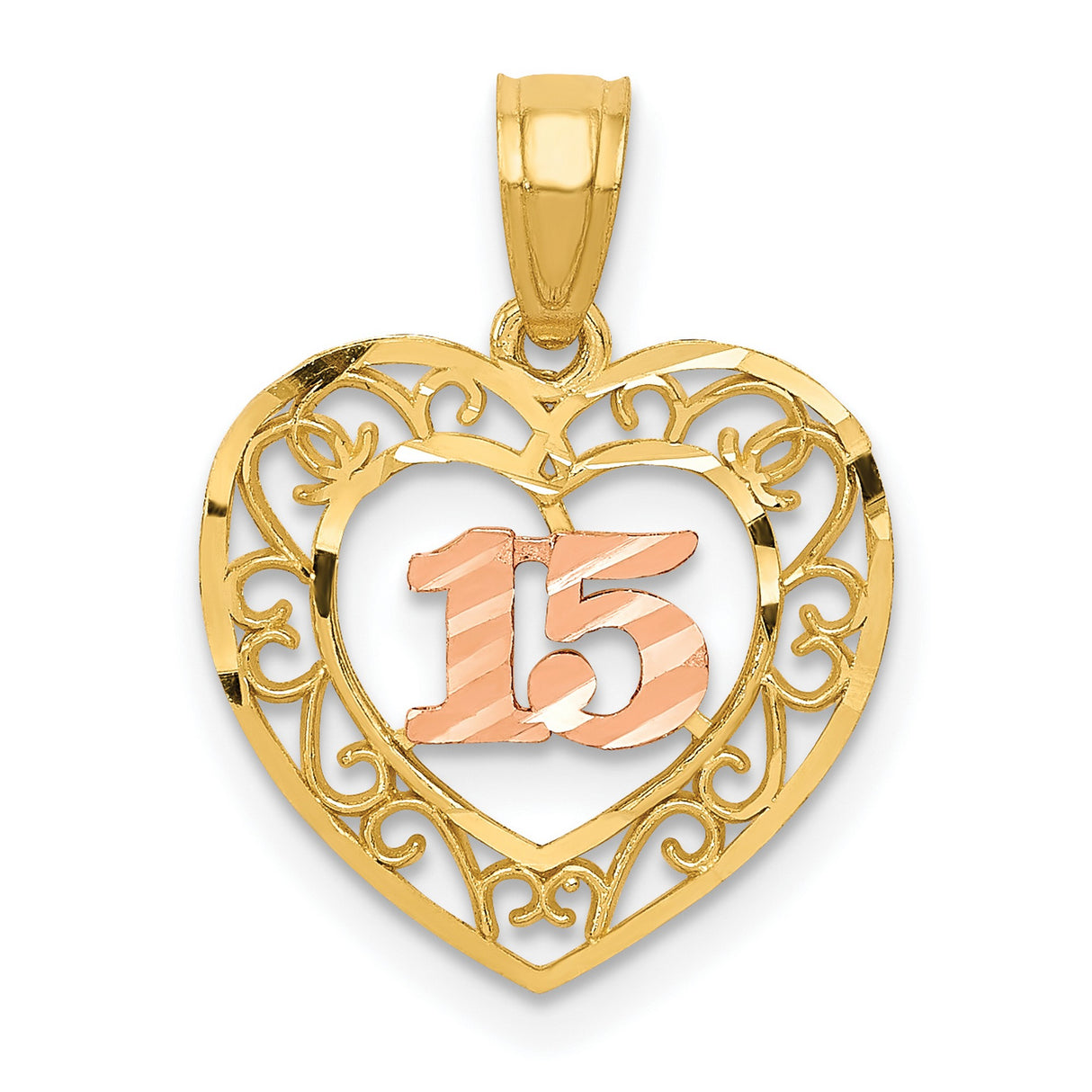 14k Two-Tone Gold Quinceañera Pendant with Rose Gold Number 15 and Filigree Heart