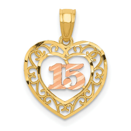 14k Two-Tone Gold Quinceañera Pendant with Rose Gold Number 15 and Filigree Heart