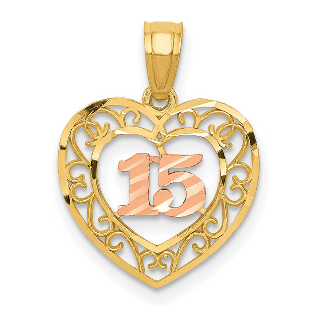 14k Two-Tone Gold Quinceañera Pendant with Rose Gold Number 15 and Filigree Heart