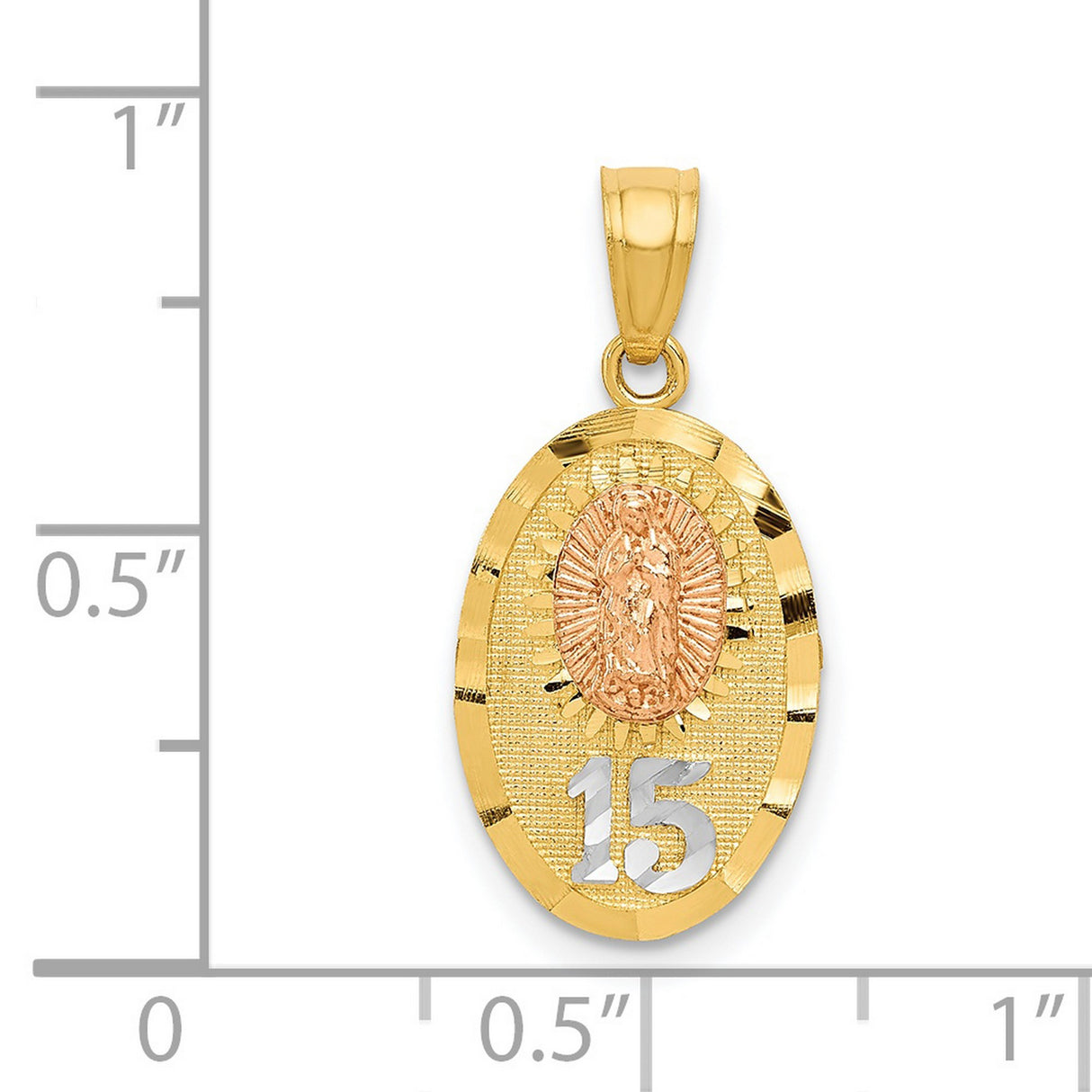 Our Lady of Guadalupe Number 15 Oval Charm Pendant in Real 14k Multi-Tone Gold