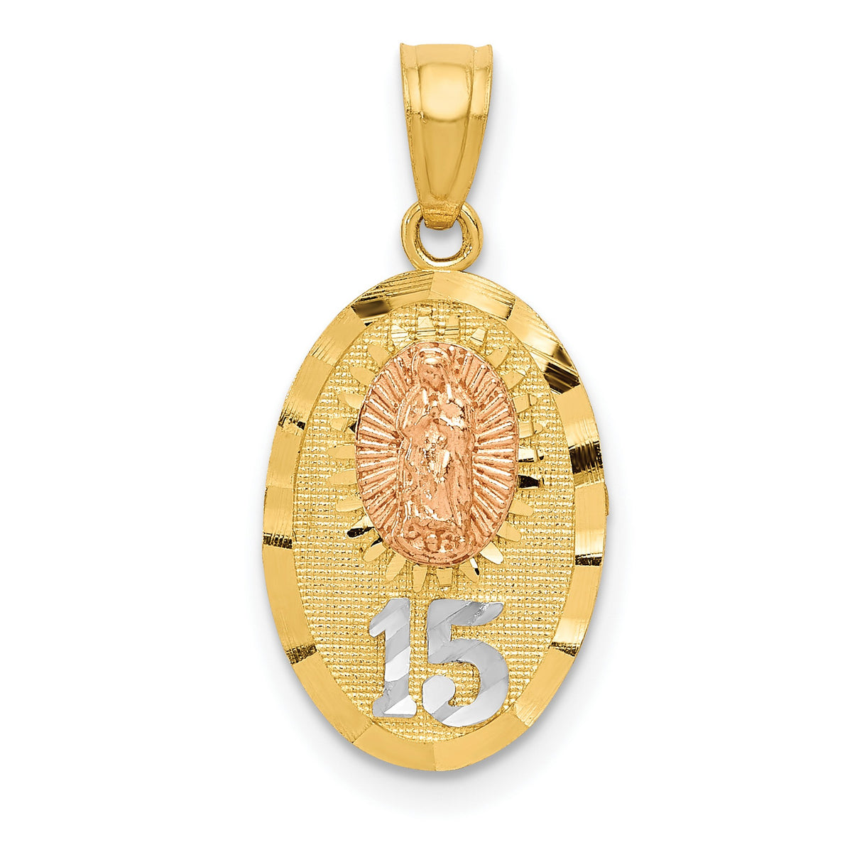 Our Lady of Guadalupe Number 15 Oval Charm Pendant in Real 14k Multi-Tone Gold