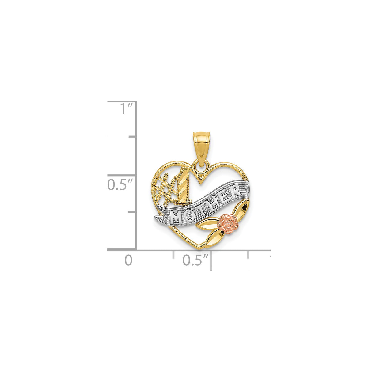 14k Two-Tone Gold Heart Pendant with Rose Accent, Leaf Detail, #1 Mother Engraving