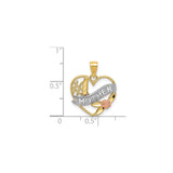 14k Two-Tone Gold Heart Pendant with Rose Accent, Leaf Detail, #1 Mother Engraving