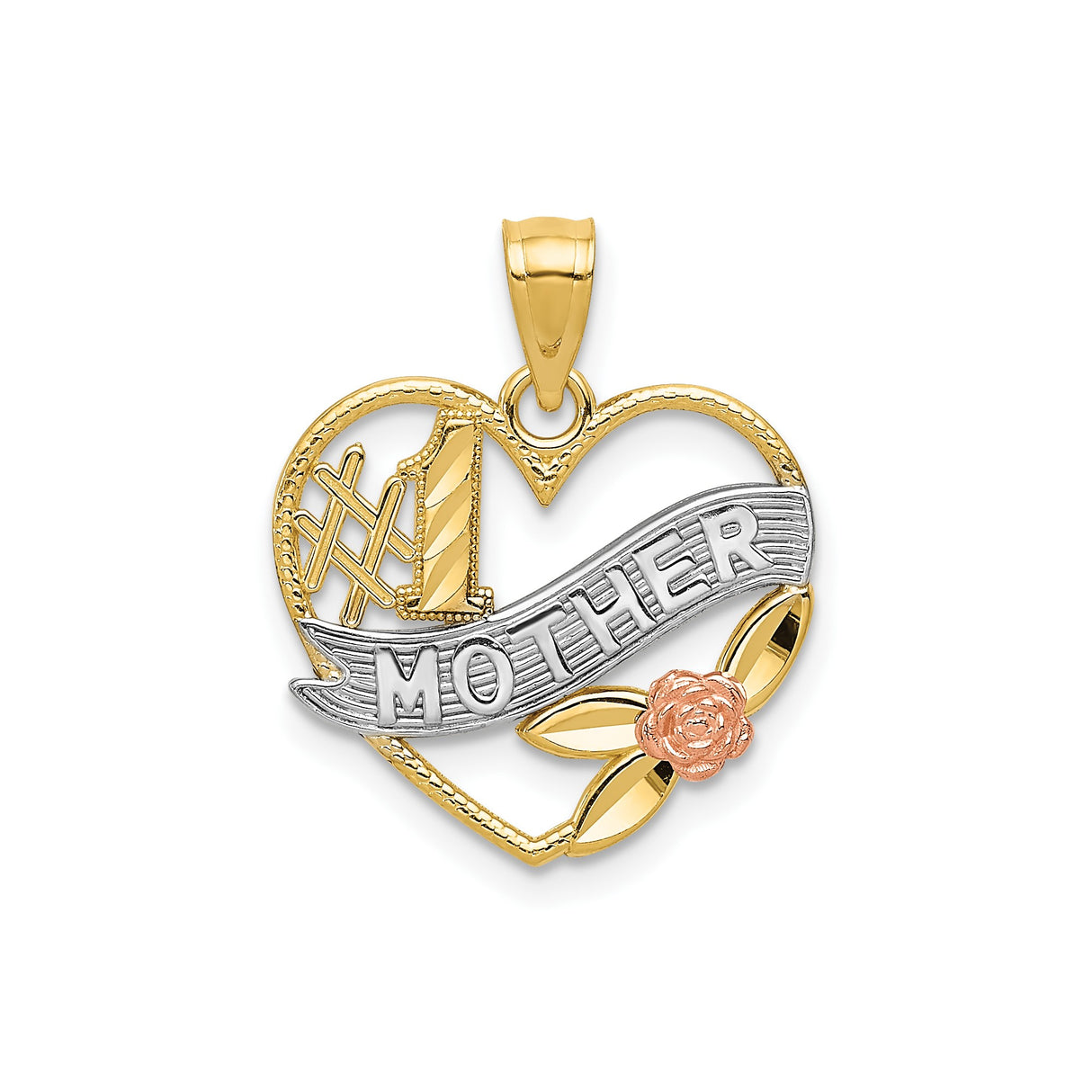 14k Two-Tone Gold Heart Pendant with Rose Accent, Leaf Detail, #1 Mother Engraving