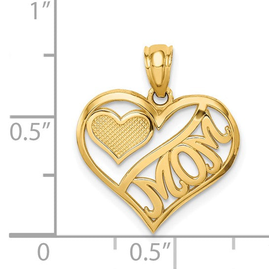 14k Yellow Gold Heart Shaped Mom Pendant with Textured Open Heart Design