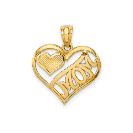 14k Yellow Gold Heart Shaped Mom Pendant with Textured Open Heart Design