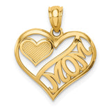 14k Yellow Gold Heart Shaped Mom Pendant with Textured Open Heart Design