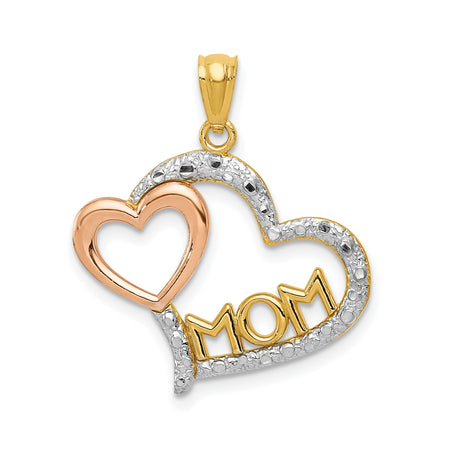 14k Two-Tone Gold Heart Pendant with MOM and Rose Gold Inner Heart