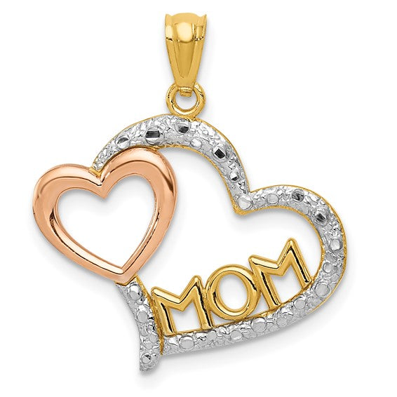 14k Two-Tone Gold Heart Pendant with MOM and Rose Gold Inner Heart