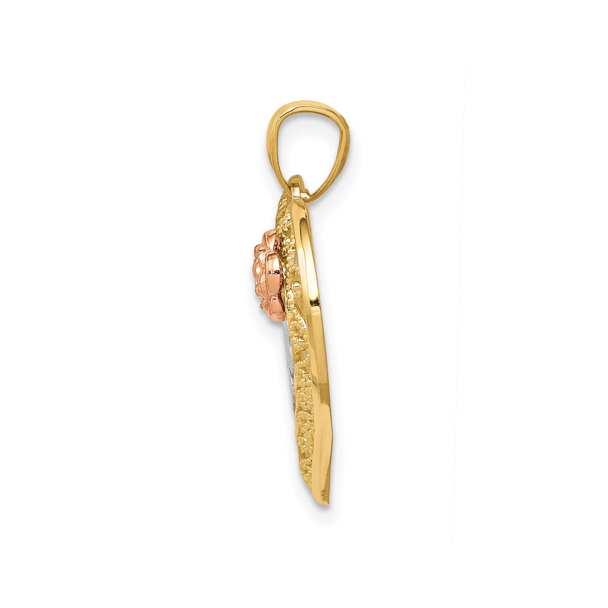 14k Two-Tone Gold Heart Pendant with Mom Script, Rose Accent, Filigree Design