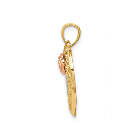 14k Two-Tone Gold Heart Pendant with Mom Script, Rose Accent, Filigree Design