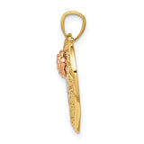 14k Two-Tone Gold Heart Pendant with Mom Script, Rose Accent, Filigree Design