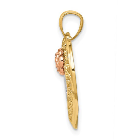 14k Two-Tone Gold Heart Pendant with Mom Script, Rose Accent, Filigree Design