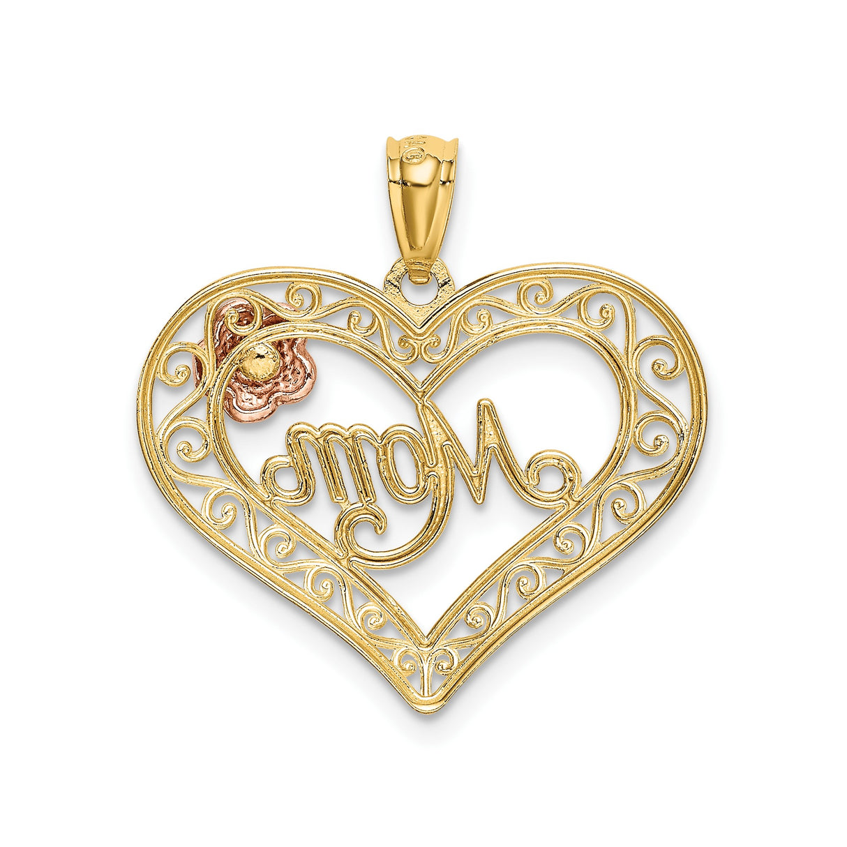 14k Two-Tone Gold Heart Pendant with Mom Script, Rose Accent, Filigree Design