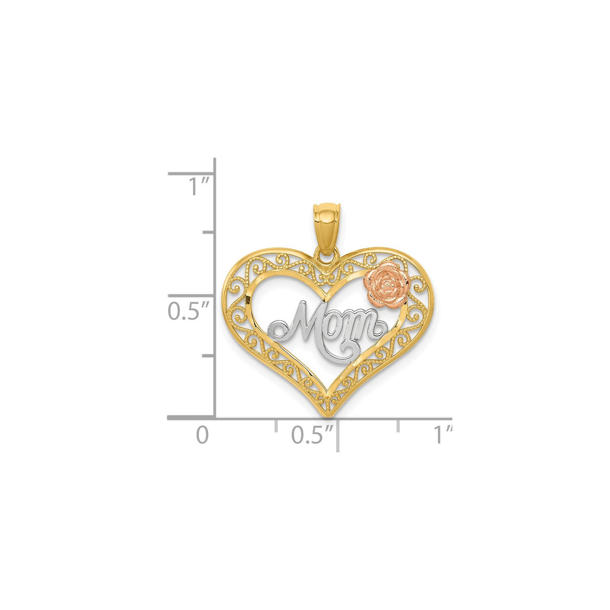 14k Two-Tone Gold Heart Pendant with Mom Script, Rose Accent, Filigree Design