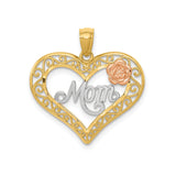 14k Two-Tone Gold Heart Pendant with Mom Script, Rose Accent, Filigree Design
