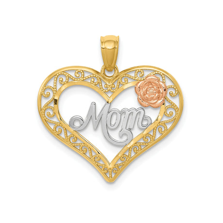 14k Two-Tone Gold Heart Pendant with Mom Script, Rose Accent, Filigree Design