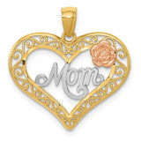 14k Two-Tone Gold Heart Pendant with Mom Script, Rose Accent, Filigree Design
