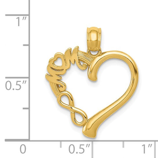 14k Yellow Gold Heart Pendant with Infinity Symbol and Mom Word