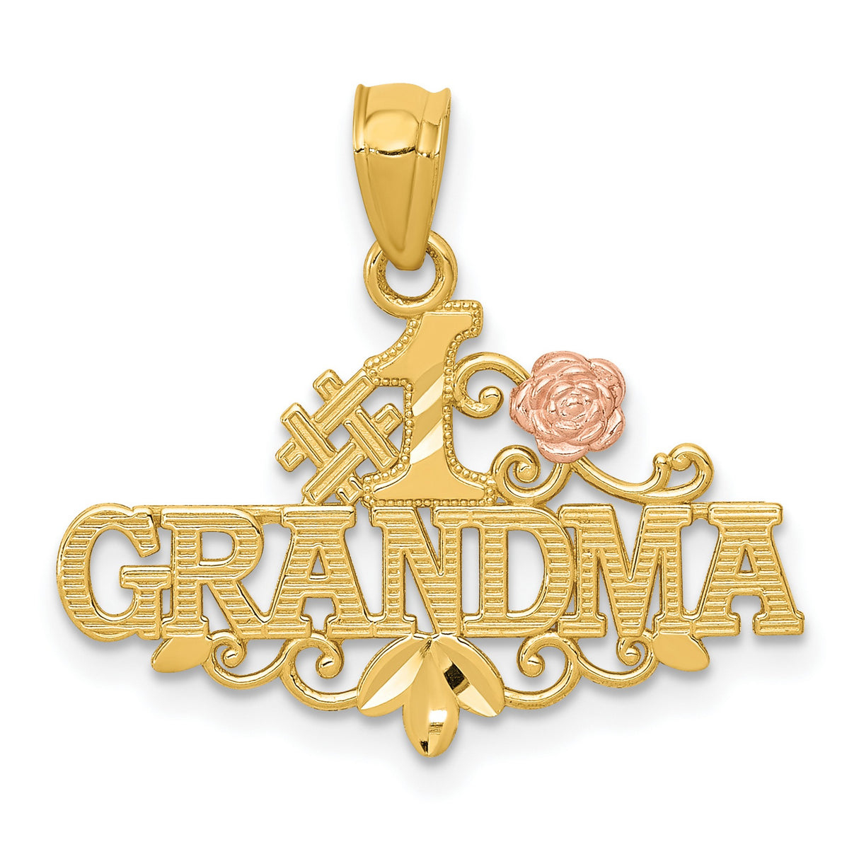 #1 Grandma Words With Rose Flower Charm Pendant in Real 14k Multi-Tone Gold