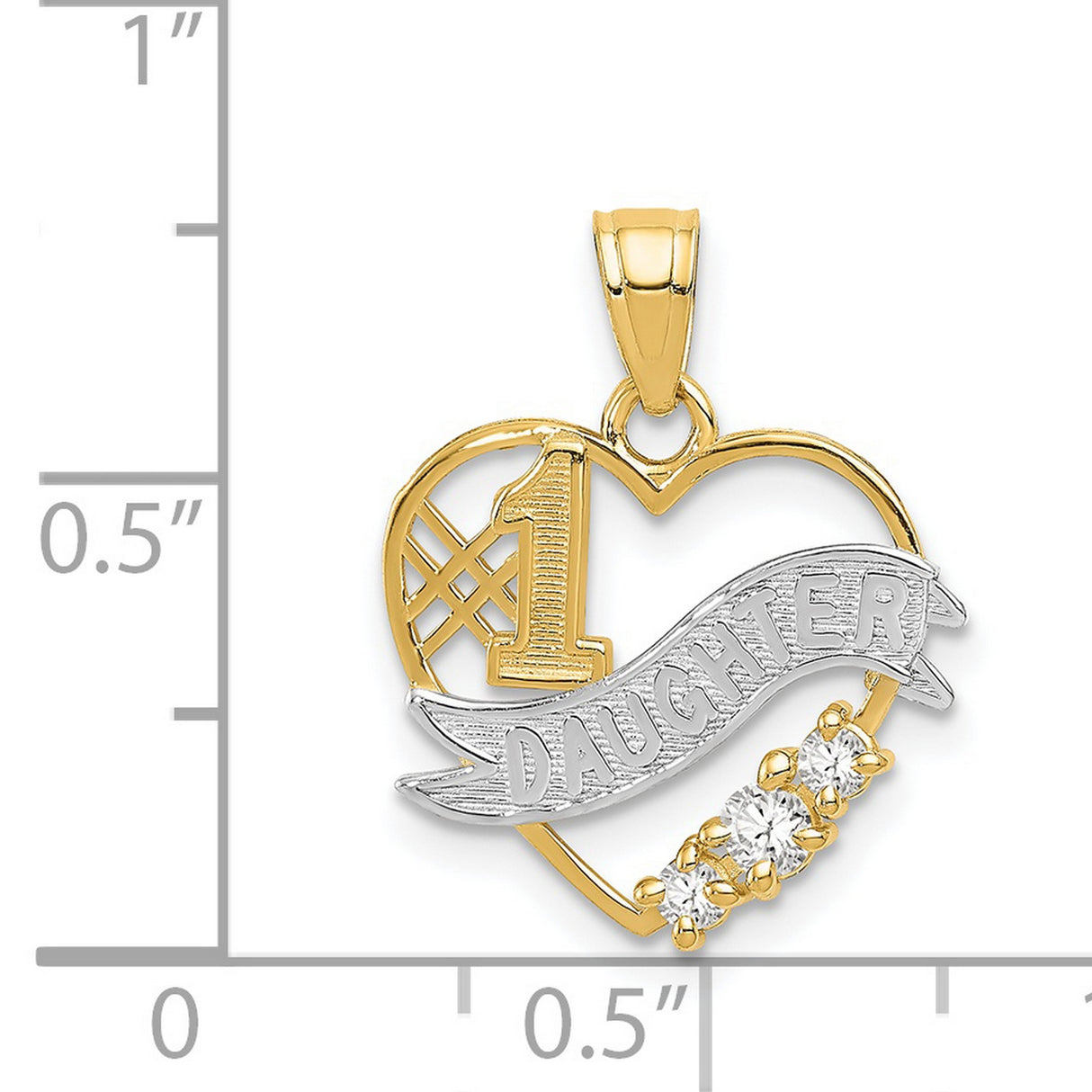 #1 Daughter Words And CZ Open Heart Charm Pendant in Real 14k Multi-Tone Gold