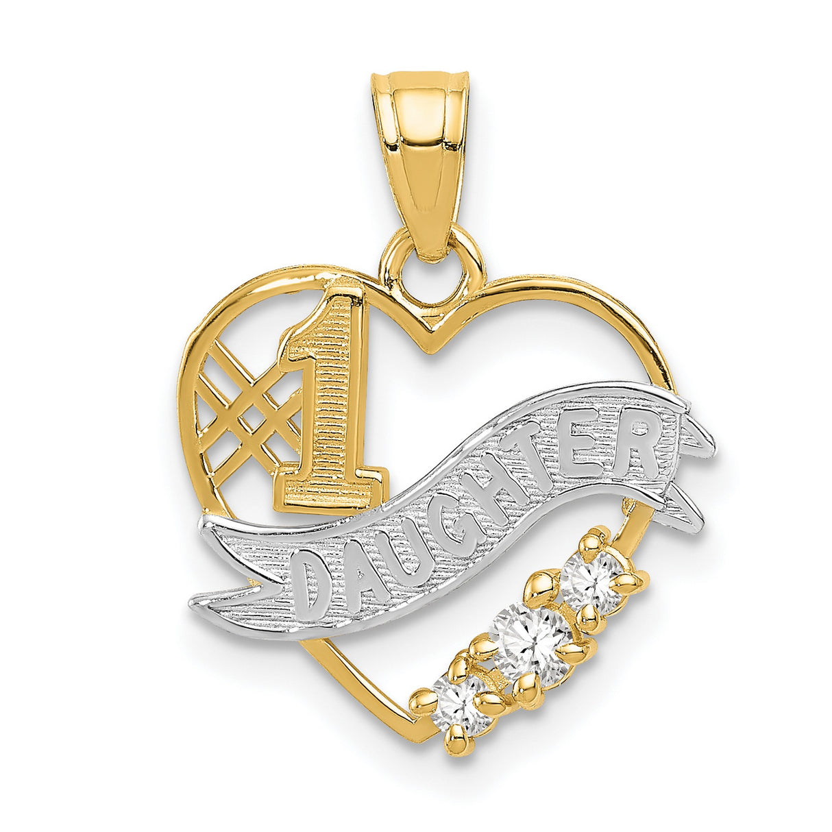 #1 Daughter Words And CZ Open Heart Charm Pendant in Real 14k Multi-Tone Gold