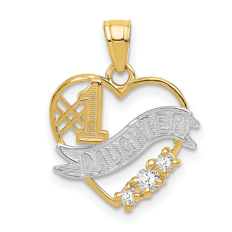 #1 Daughter Words And CZ Open Heart Charm Pendant in Real 14k Multi-Tone Gold