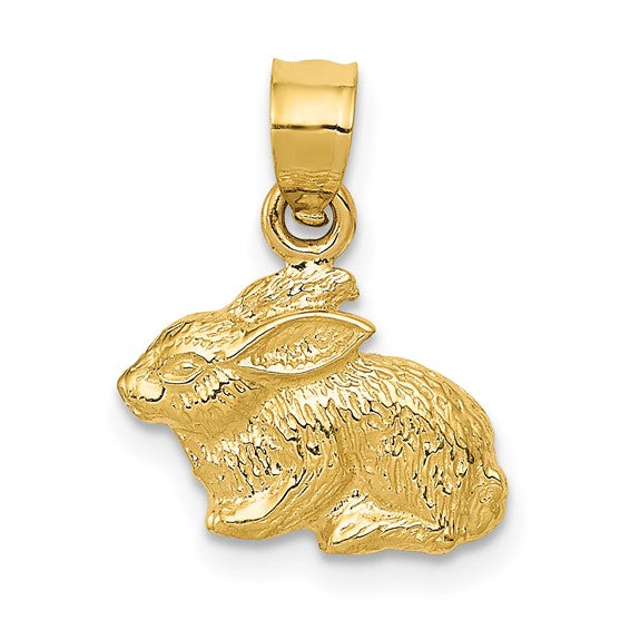 14k Yellow Gold Rabbit Pendant, Textured Bunny Charm Symbolizing Fertility and Luck