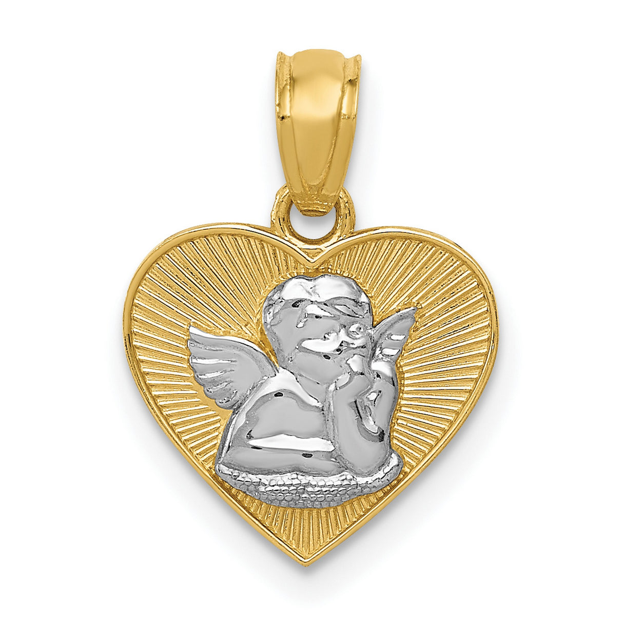 Guardian Angel Cherub Textured Heart Charm Pendant in Real 14k Multi-Tone Gold