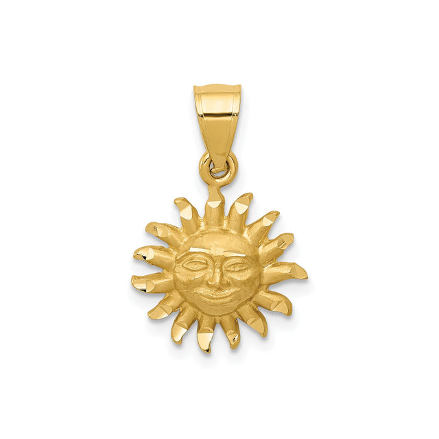 14k Yellow Gold Sun Face Pendant, Serene Expression, Celestial and Spiritual Jewelry Charm