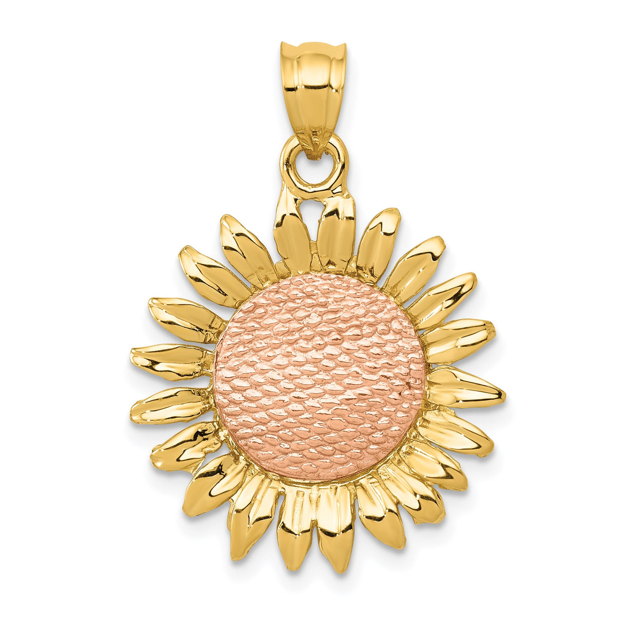 14k Two-Tone Gold Sunflower Pendant with Yellow Gold Petals and Rose Gold Center