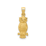 14k Yellow Gold Owl Pendant with Textured Design on Tree Branch, Symbol of Wisdom and Knowledge