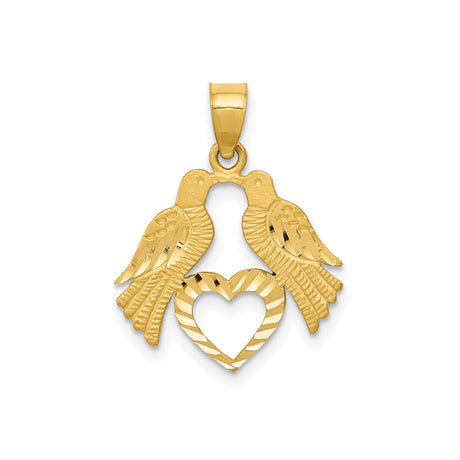 14k Yellow Gold Lovebird Heart Pendant, Two Birds Kissing Symbol of Unity