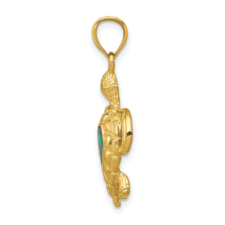 14k Yellow Gold Sea Turtle Pendant with Green Blue Opal Inlay, Nautical Ocean Animal Charm