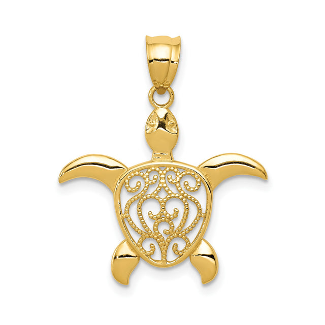 14k Yellow Gold Sea Turtle Pendant with Filigree Detailing, Ocean Life Charm, Spiritual Totem