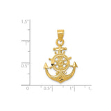 14k Yellow Gold Anchor Pendant with Ship Wheel, Nautical Sailing Theme, Unisex Charm