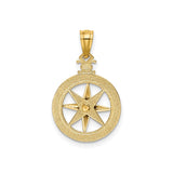 14k Yellow Gold Compass Rose Pendant with Directional Markers, Nautical Travel Symbol