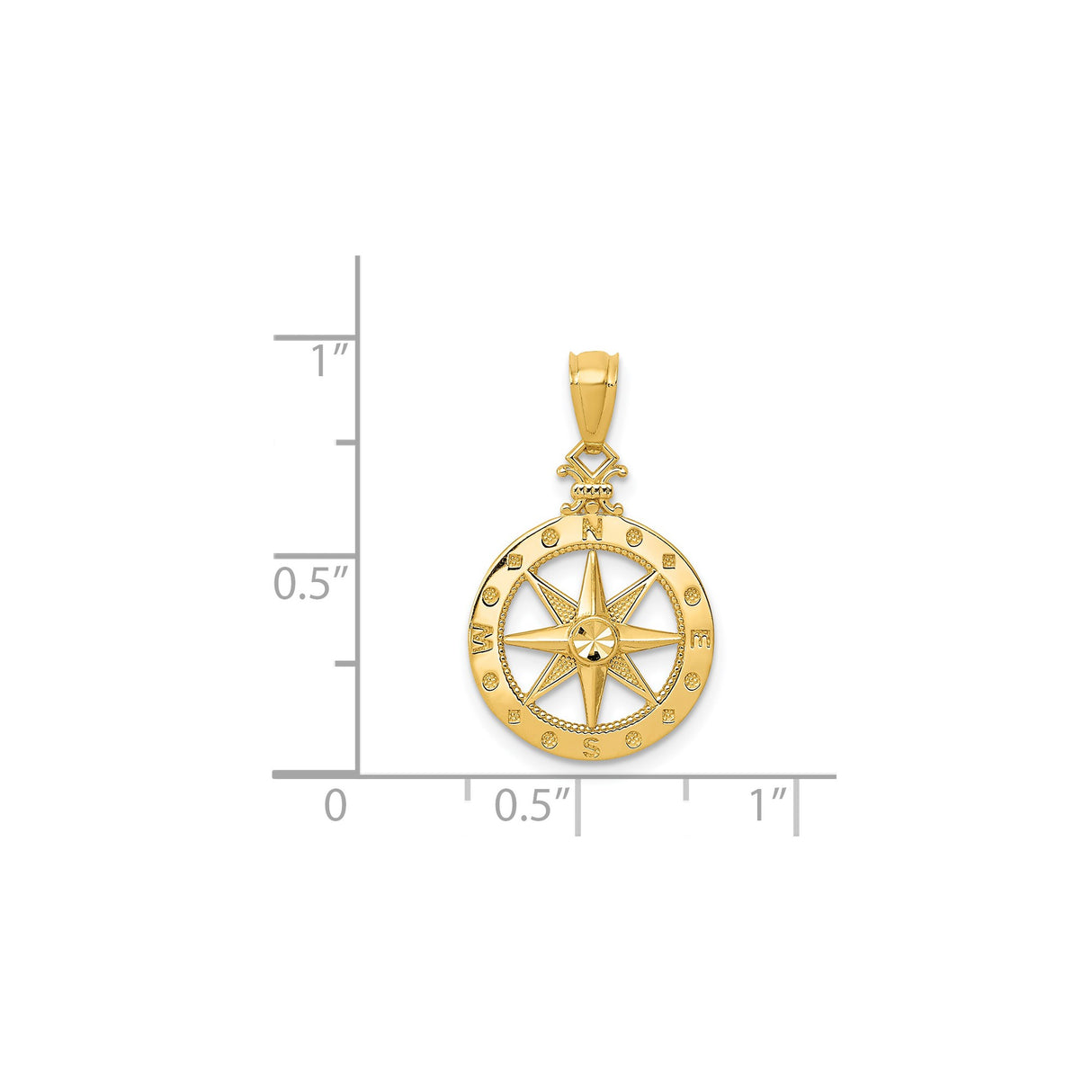 14k Yellow Gold Compass Rose Pendant with Directional Markers, Nautical Travel Symbol