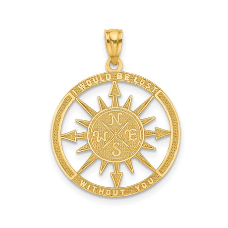 14k Yellow Gold Compass Pendant with I Would Be Lost Without You Message, Nautical Travel Charm