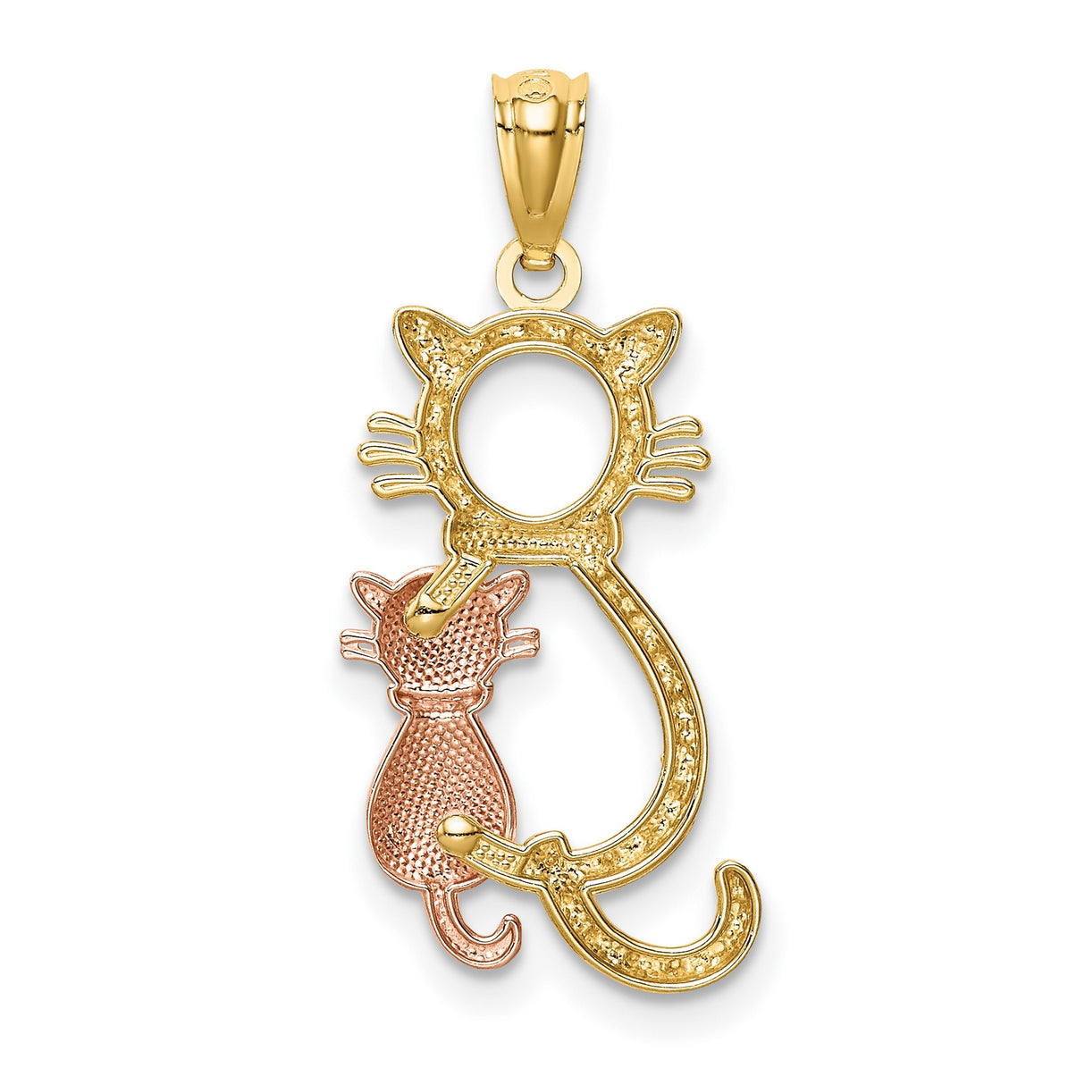 Sitting Open Cat Figure With Smaller Cat Charm Pendant in Real 14k Multi-Tone Gold